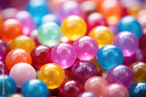A rainbow of candycoated gems, these miniature spheres sparkle with a sugary finish, inviting you to experience the delightful flavor explosion that awaits within their chocolate hearts. photo