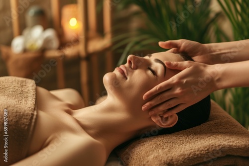 Woman enjoying massage in spa, lying on massage bed with closed eyes during facial massage treatment procedure.