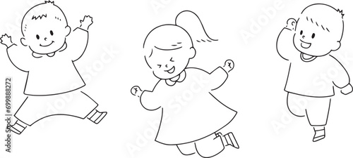 ジャンプする３人の子供の線画