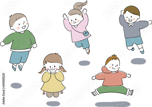 ジャンプする５人の子供のイラスト