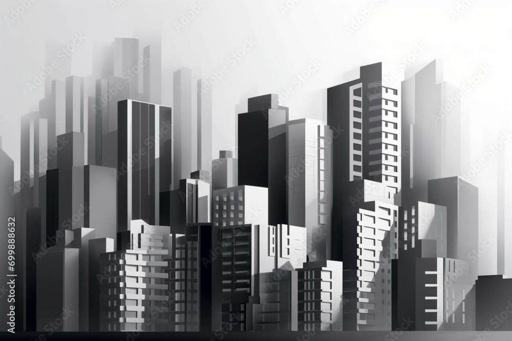 Simple minimalistic abstract city building in black and white. Generative AI