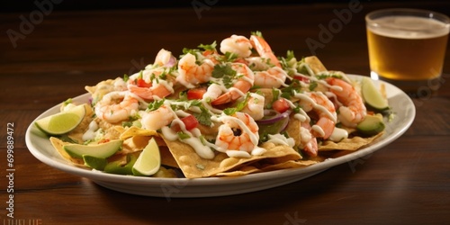 A fiesta on a plate, these decadent seafood nachos showcase an array of oceanic delights. Succulent pieces of shrimp and flaky white fish nestle amidst a sea of melted Monterey Jack and photo
