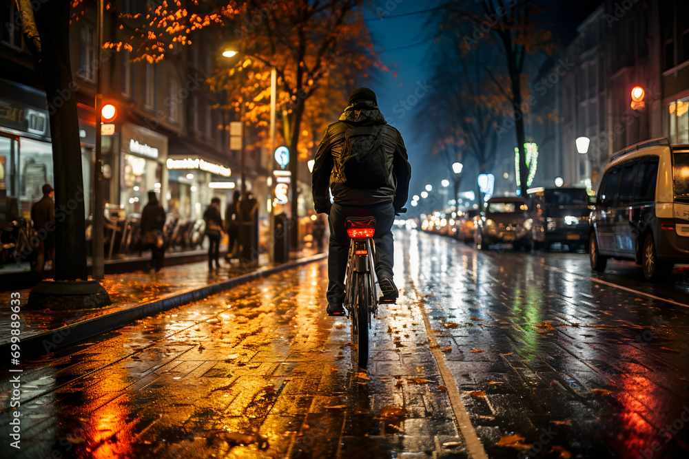 Urban Cyclist on Wet Streets