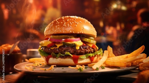 Indulge in a TexMex delight with a juicy beef burger, enhanced by melted pepper jack cheese, tangy salsa, creamy guacamole, and a crunchy tortilla chip garnish, all housed in a soft pretzel photo