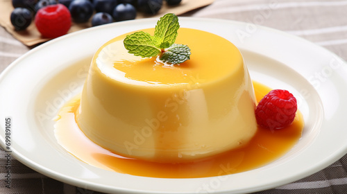 Vanilla Pudding. homemade caramel custard pudding with mint. AI Generative photo