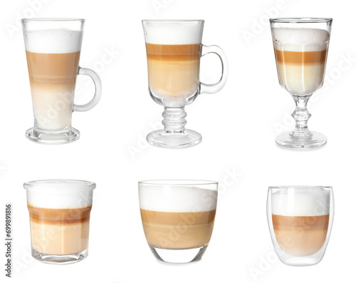 Delicious latte macchiato in different glasses on white background, set