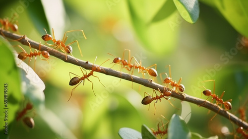 Red ants are looking for food on green branches. Work ants are walking on the branches AI Generative © Witri