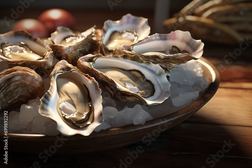 Raw fresh oysters on a ceramic plate on ice on a wooden table, rustic style