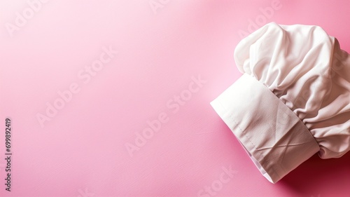 Chef's hat and apron on a pink background, indicating a cooking theme photo