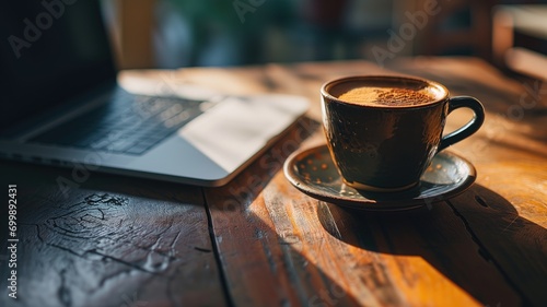 Cup of coffee with laptop on a wooden table bathed in sunlight photo