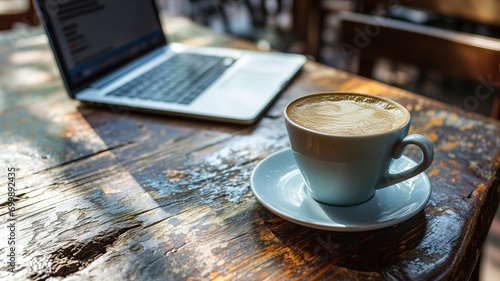 Cup of cappuccino with a laptop on a rustic wooden table