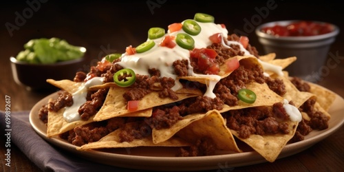 Indulge in the ultimate nacho fiesta with a medley of delectable toppings. Crisp tortilla chips are loaded with sctious ed ground beef, hearty pinto beans, and a tantalizing trio of cheeses photo