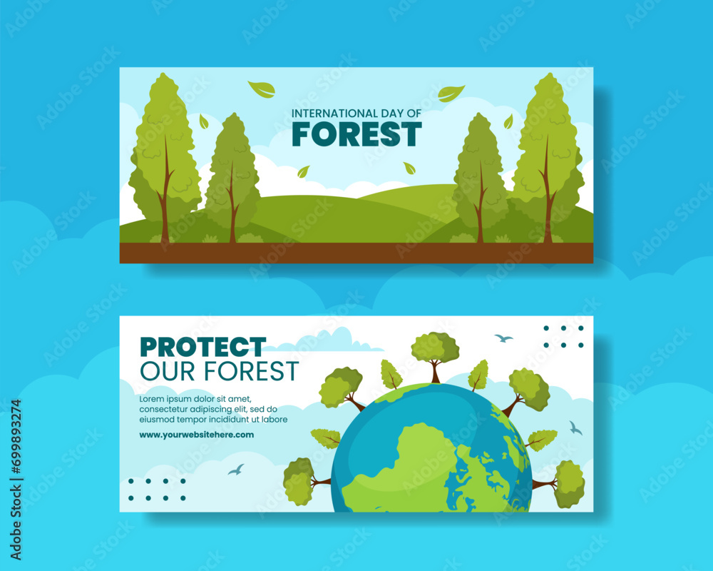 Fototapeta premium Forest Day Horizontal Banner Flat Cartoon Hand Drawn Templates Background Illustration