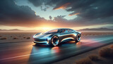 Sleek electric car with futuristic design on open road.