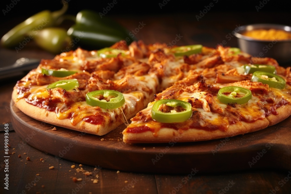 A tantalizing image highlighting a gourmetinspired pizza featuring a mouthwatering combination of tender grilled chicken, smoky barbecue sauce, a fiery kick of jalapenos, and a mountain