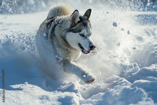 portrait of husky playing on snow photo