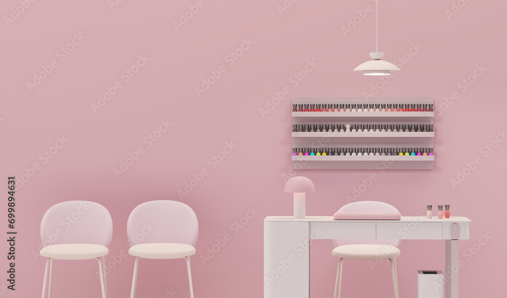 Beauty spa nail salon on pastel pink color trend 2024 background. Nail Bar and beauty salon for women and men. Place for manicure and nail care, pedic - obrazy, fototapety, plakaty 
