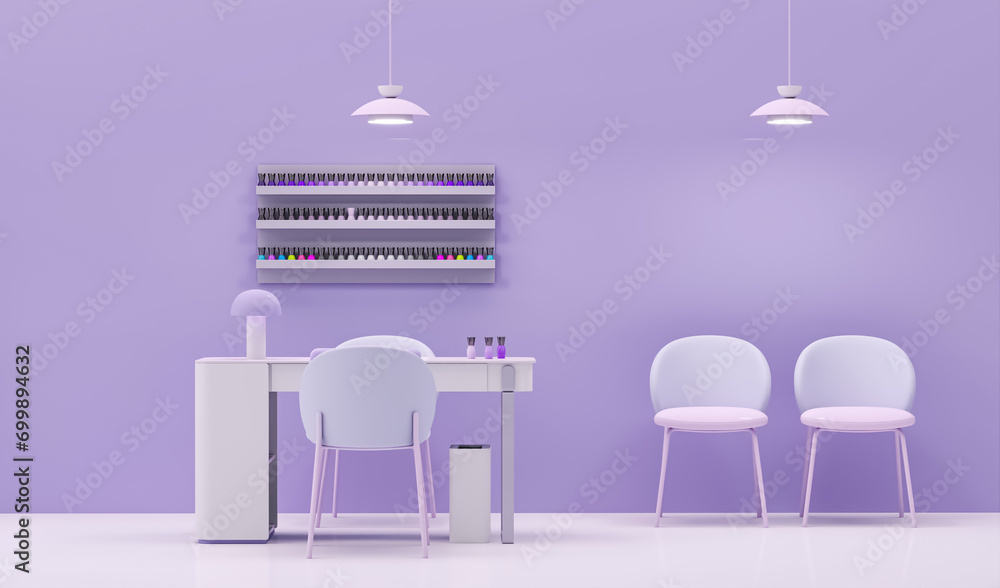 Beauty spa nail salon on purple color trend background. Nail Bar and beauty salon for women and men. Place for manicure and nail care, pedic Beauty spa nail salon on purple color trend background. Nail Bar and beauty salon for women and men. Place for manicure and nail care, pedic