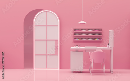 Beauty spa nail salon on pastel pink color trend 2024 background. Nail Bar and beauty salon for women and men. Place for manicure and nail care, pedic photo