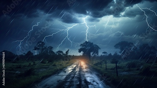 A thunderstorm with lightning illuminating the sky and a heavy downpour © midart