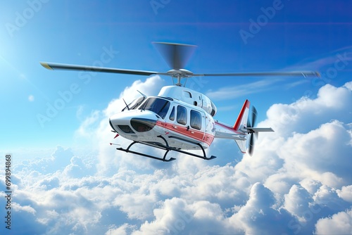Helicopter flying in the blue sky with clouds