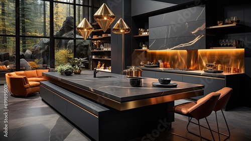 Interior design of a kitchen room,large view photo, contemporary, black and gold  photo