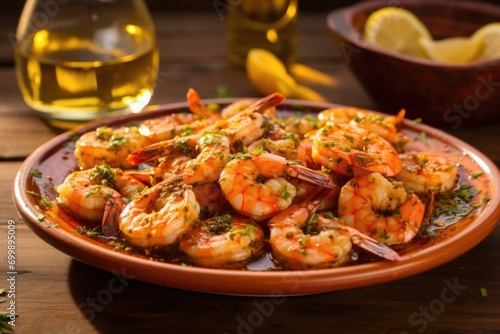 A plate of gambas al ajillo, featuring plump shrimp bathed in a sizzling garlic and chiliinfused olive oil. The shrimp are cooked just until tender, allowing them to soak up the aromatic