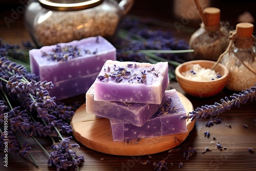 Lavender, handmade soap and sea salt on a wooden background photo