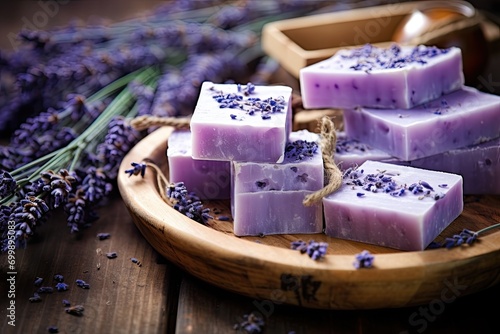 Lavender, handmade soap and sea salt on a wooden background