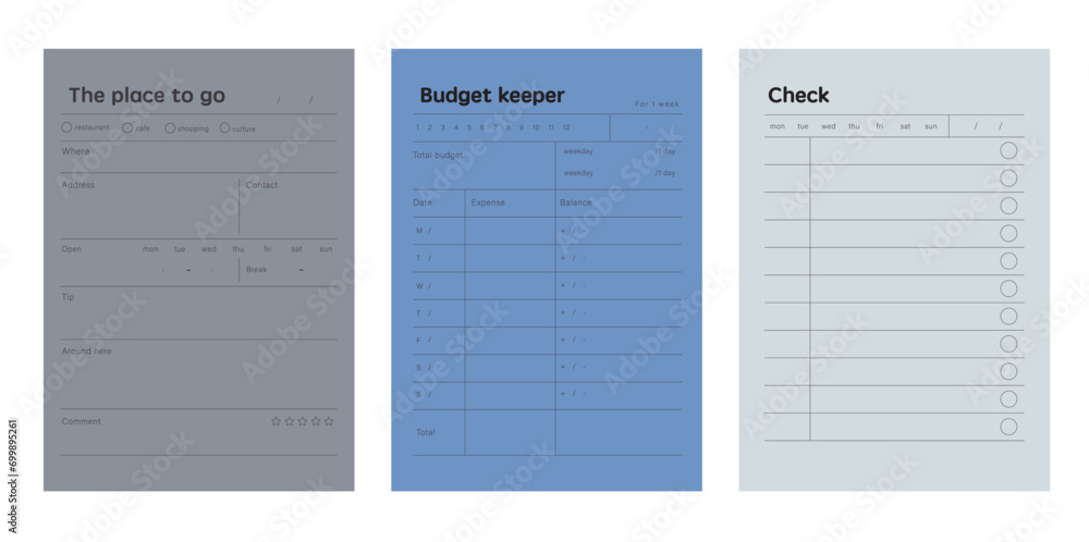(Sky) Budget keeper and the place to go and check planner. Minimalist planner template set. Vector illustration. (Sky) Budget keeper and the place to go and check planner. Minimalist planner template set. Vector illustration.
