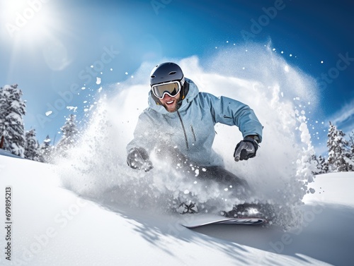 photography, A winter sports enthusiast in a white face mask hits the slopes, exhilarated, snowy mountain, action-packed shot