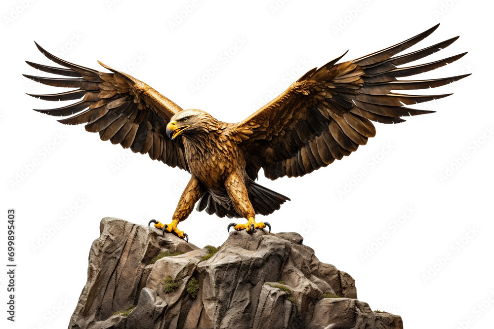 Obraz premium The golden eagle statue spreads its wings to catch fish on the rock. isolated on white background