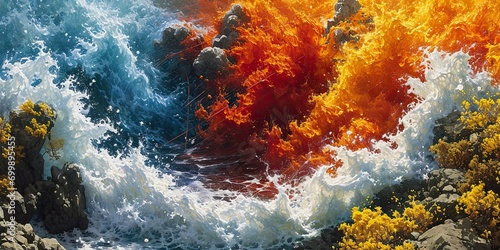 Abstract fiery explosion over calm sea digital painting