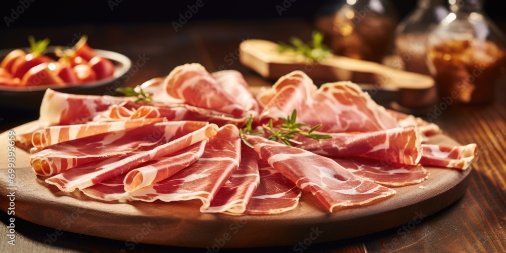 Delicate slices of thinly Serrano ham artistically laid across a wooden board, displaying a beautiful marbling of rich pink and white, enticing you with its intense aroma and fullbodied Delicate slices of thinly Serrano ham artistically laid across a wooden board, displaying a beautiful marbling of rich pink and white, enticing you with its intense aroma and fullbodied