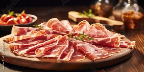 Delicate slices of thinly Serrano ham artistically laid across a wooden board, displaying a beautiful marbling of rich pink and white, enticing you with its intense aroma and fullbodied