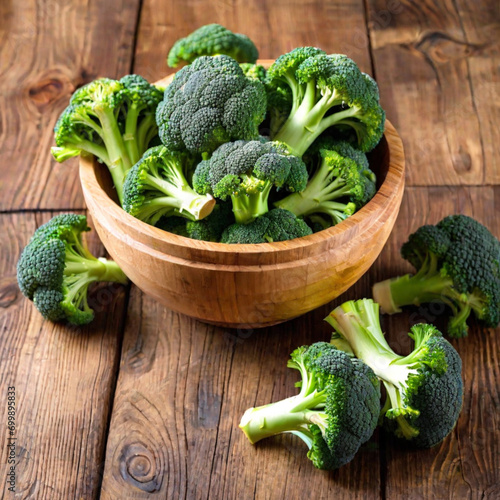 Fresh broccoli in wooden plate kitchen background, food, cuisine