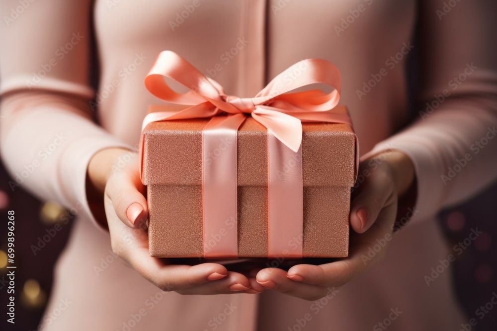 A gift in female hands. Background with selective focus and copy space A gift in female hands. Background with selective focus and copy space