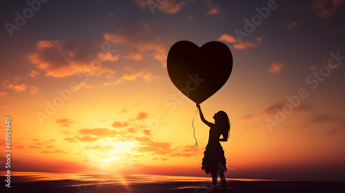 silhouette of a woman on a sunset with a heart-shaped balloon in her hands