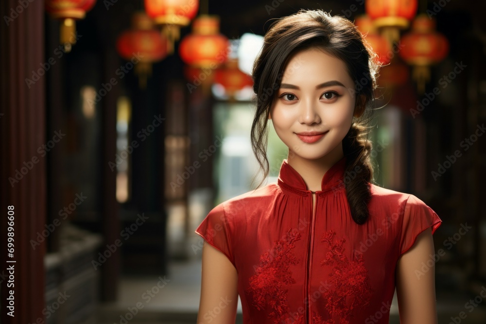 Woman in red Chinese clothes on a blurred background of an authentic Asian interior. Portrait with selective focus