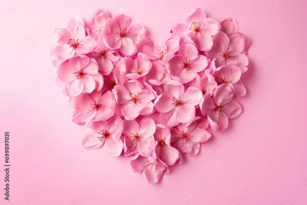 Heart symbol made of cherry flowers on pink background. Valentines day, wedding, anniversary celebration or romantic visual trend. Present for Woman day. Creative love concept with copy space Heart symbol made of cherry flowers on pink background. Valentines day, wedding, anniversary celebration or romantic visual trend. Present for Woman day. Creative love concept with copy space