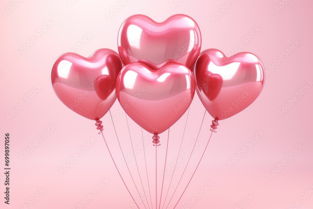 Rose heart shaped balloons isolated on pink background. Air balloons for birthday, party, celebrate anniversary, wedding, women's, mother's day. St Valentine day concept. Romantic greeting card