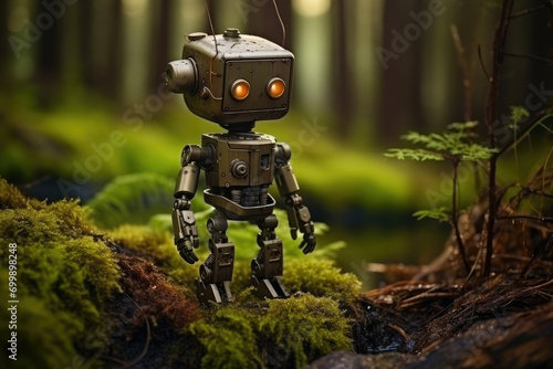 tiny robot walking in the moss in a forest
