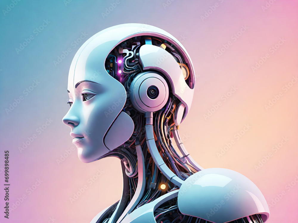 3d rendering of a female robot colorful background