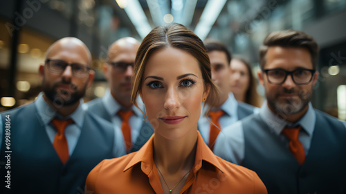 Confident female business leader out on front of group - close-up - low angle shot - leader - business 