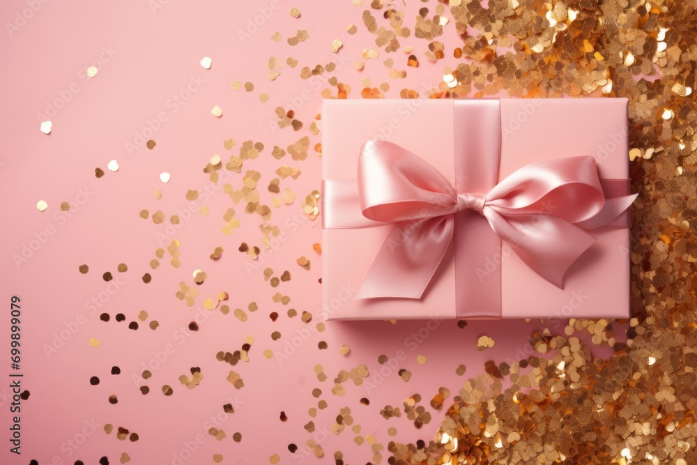 Gift box with scratched shining golden confetti and glitter on a pink background. Minimalistic greeting card for birthday, wedding, mother's, woman or Valentine day. Holiday banner with copy space. Gift box with scratched shining golden confetti and glitter on a pink background. Minimalistic greeting card for birthday, wedding, mother's, woman or Valentine day. Holiday banner with copy space.