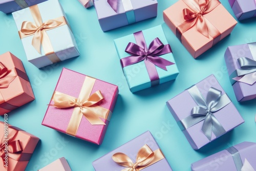 Fashion gifts or presents boxes with ribbon bow on blue background. Shopping, sale and discount concept. Valentine or woman day, birthday, Christmas or wedding card, banner, flyer. Flat lay, top view