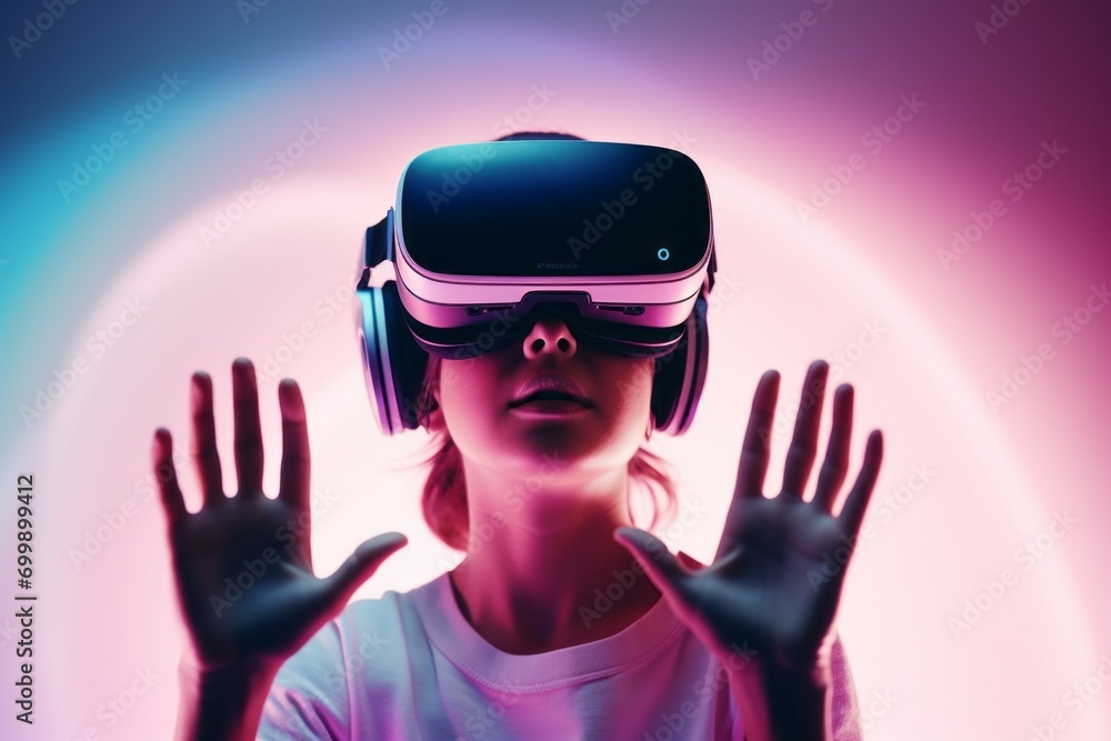 Woman wearing virtual reality glasses in neon light. Portrait with selective focus and copy space for inscription Woman wearing virtual reality glasses in neon light. Portrait with selective focus and copy space for inscription