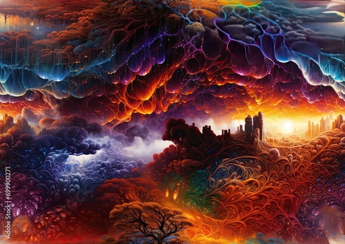 Fantasy landscape painting with fiery sky and cosmic elements