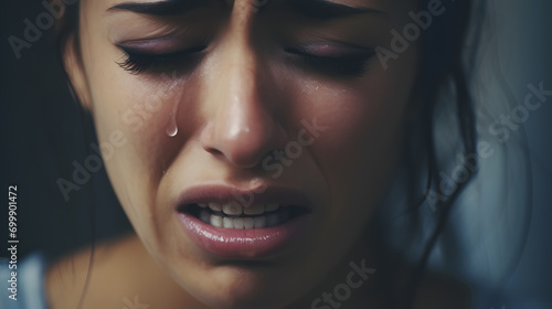 Woman sad and crying with tears in her eyes due to distress - concept of family violence, sadness, stress, etc.