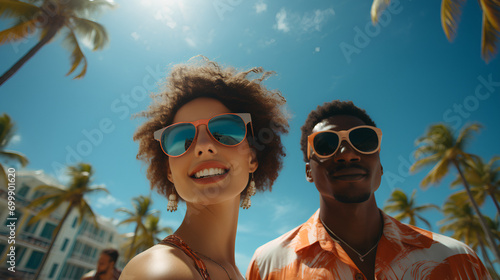 Couple at a resort - eccentric and quirky dress - low angle shot - vacation - holiday - trip - travel - getaway - escape - high-end - stylish fashion
